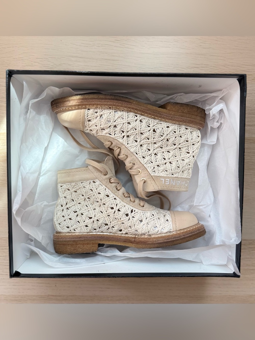 CHANEL Cream Crochet Lace-Up High-Top Boots - Picture 10 of 15